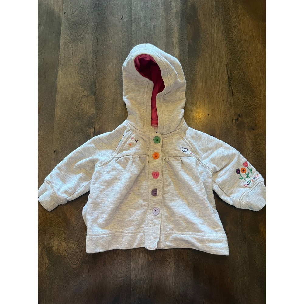 Baby Gap Girls Gray Hooded Cardigan Sweater Floral Buttons 3-6 Months